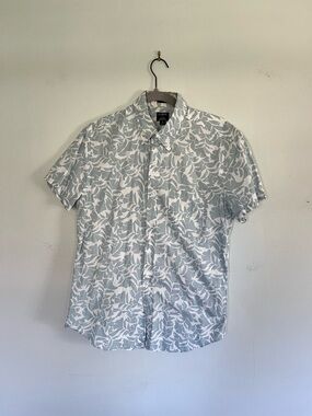 J. Crew Short-Sleeve Leaf Print Button-Down Shirt in Aqua and White